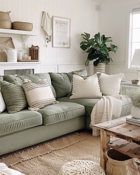 50+ Sage Green Living Room Ideas for A Modern and Cozy Home – CreativeBooster Green Sofa Scandinavian, Olive Green And White Living Room, White And Sage Living Room, Coastal Green Living Room, Light Green Couch, Sage Green Interior Design, Charleston Apartment, Sage Green Living Room Ideas, Sage Living Room