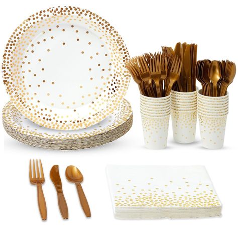 PRICES MAY VARY. Gold Plates and Napkins Party Supplies: This dinnerware set features a white and gold foil polka-dotted design that adds elegance to your celebration and makes setting up easy Sparkle and Shine: These gold party supplies set is great for a themed birthday, graduation party, bachelorette, formal banquet, wedding reception, holidays, Christmas, New Year's Eve, and family gatherings Quick and Easy Clean-Up: The items in this white and gold party supplies set are made with paper and White And Gold Party, Gold Table Decorations, Gold Plastic Silverware, Gold Birthday Decorations, Gold Plates, Plastic Silverware, Polka Dot Party, Plastic Dinnerware, Birthday Plate