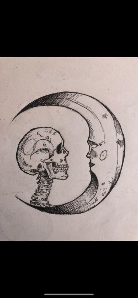 Moon And Skull Tattoo, Goth Moon Tattoo, Gothic Moon Tattoo, Skull Moon Tattoo, Half Moon Drawing, Hunters Tattoo, Moon With Face Tattoo, Crescent Moon Drawing, Moon Skull