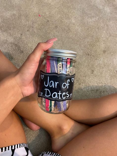 mason jar filled w/ date ideas❗️#LoveStory #RomanticEncounters #HeartfeltConnections #DateNightIdeas #SoulmateSearch #FlirtyFridays #CandlelitDinners #StarryEyedMoments #LoveQuotes #DreamyDates #WhisperedPromises #AmourAdventures Gift For My Boyfriend, Inexpensive Dates, Dating Etiquette, At Home Activities, Adult Scavenger Hunt, Night Jar, Date Night Jar, At Home Dates, Date Activities