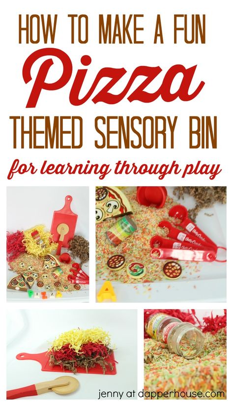 How to make a fun pizza themed sensory bin for leaning through play - jenny at dapperhouse - homeschool - classroom - Preschool Pizza, Pizza Activities, Pizza Spices, Pizza Friday, Pizza Project, School Pizza, One Is Fun, Pizza Craft, Pizza Parlor