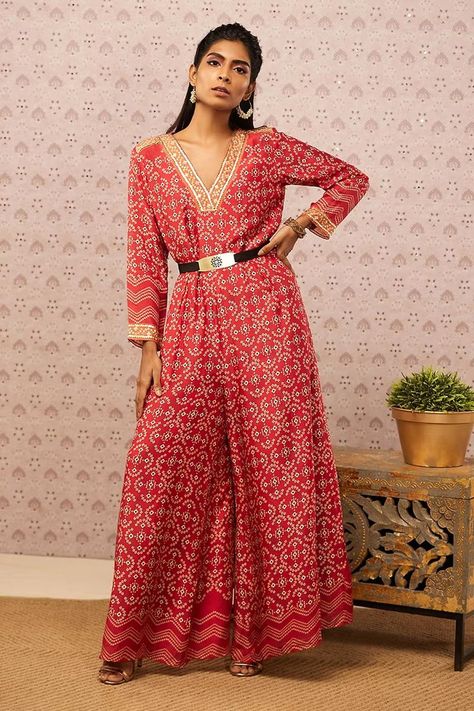 Buy Red jumpsuit with bandhej print & V neckline at #AzaFashions Shop online now at #Azafashions.com Call +91 8291990059 or email contactus@azafashions.com for enquiries. #wedding #festive #ethnic #tradional #shopping #shoponline #party #reception #bride Bandhej Print, Jumpsuit With Belt, V Neck Jumpsuit, Jumpsuit For Women, Jumpsuit Online, Red Jumpsuit, Satin Color, Indian Designer Outfits, Printed Jumpsuit