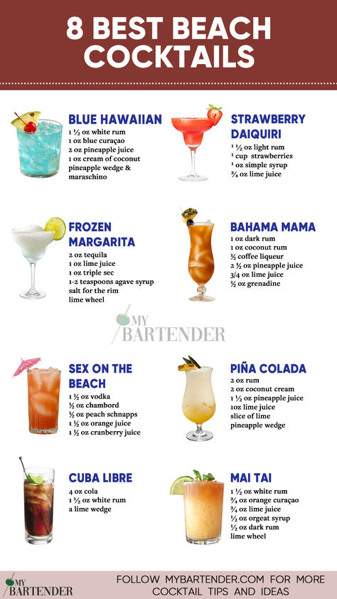 Best Beach Cocktails Resep Koktail, Bartender Drinks Recipes, Bartender Drinks, Cocktail Drinks Alcoholic, Beach Cocktails, Yummy Alcoholic Drinks, Mixed Drinks Alcohol, Beach Drinks, Mixed Drinks Recipes