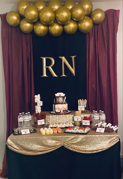 Nurse Graduation Table Decorations, Nursing Party Backdrop, Nurse Graduation Party Backdrop, Nursing Grad Centerpieces, Nurse Graduation Party Decorations Diy, Nursing Dessert Table, Nurse Dinner Ideas, Nursing Desert Table, Nurse Pinning Ceremony Decorations