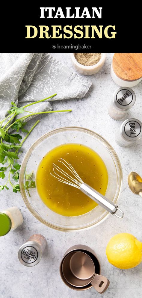 This super easy recipe for Italian Dressing is packed with herbs and flavor! It tastes great on roasted vegetables, salads, pasta, and more. | Recipe at BeamingBaker.com Easy Italian Dressing Recipe, Easy Italian Dressing, Italian Dressing Recipe, Italian Dressing Recipes, Parmesan Roasted Potatoes, Homemade Italian Dressing, Salads Pasta, Sausage Dishes, Summertime Recipes