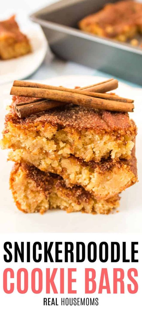 Chewy Snickerdoodle Cookie Bars Real Housemoms: Sugar, spice & everything nice that you love about the classic cookie. Snickerdoodle Cookie Bars take half the time, but come with ALL the yums! #bar #cinnamon #cookie #snickerdoodle #desserts-recipes #recipes #realhousemoms Snickerdoodle Bar, Snickerdoodle Bars Recipe, Cookie Snickerdoodle, Snickerdoodle Cookie Bars, Joyous Apron, Yummy Bars, Snickerdoodle Bars, Sugar Spice And Everything Nice, Snickerdoodle Cookie