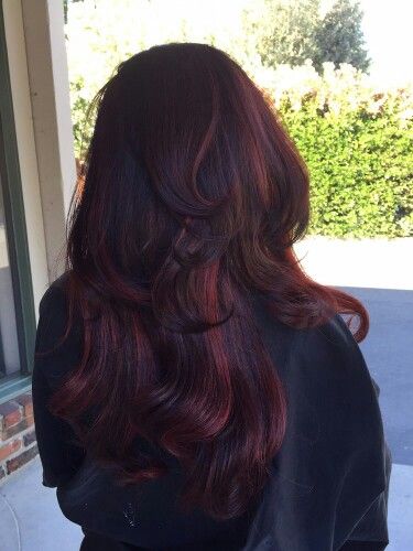 Redish Black Hair Dark, Brown Red Balayage, Balayage Dark Brown, Balayage Dark, Full Balayage, Red Balayage, Red Hair Inspo, Wine Hair, Hair Color Burgundy