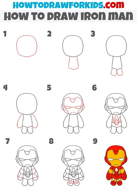 how to draw iron man step by step Easy Iron Man Painting, Iron Man Drawing Step By Step, Simple Iron Man Drawing, Step By Step Superhero Drawing, Superhero Drawings Easy For Kids, Iron Man Cute Drawing, Easy To Draw Spiderman, Easy Iron Man Drawing, Iron Man Drawing Easy Step By Step