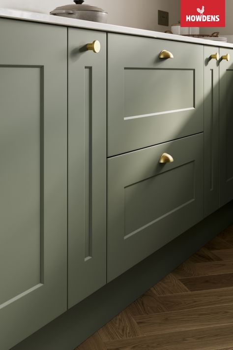 Hardware On Green Cabinets, Chelford Reed Green, Green Hamptons Kitchen, Howdens Chelford Reed Green, Modern Heritage Kitchen, Sage Green Kitchen Howdens, Wren Green Kitchen, Green Kitchen Cabinets Brass Hardware, Shaker Kitchen Colours