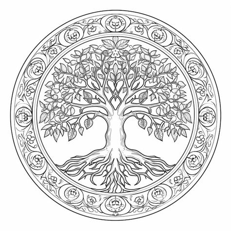 Tree Of Life Design Drawing, Dot Art Tree Of Life, Tarot Tree Of Life, Tree Of Life Template Free Printable, Tree Of Life Doodle, Tree Of Life Mandala, Celtic Coloring, Celtic Mandala, Yggdrasil Tree