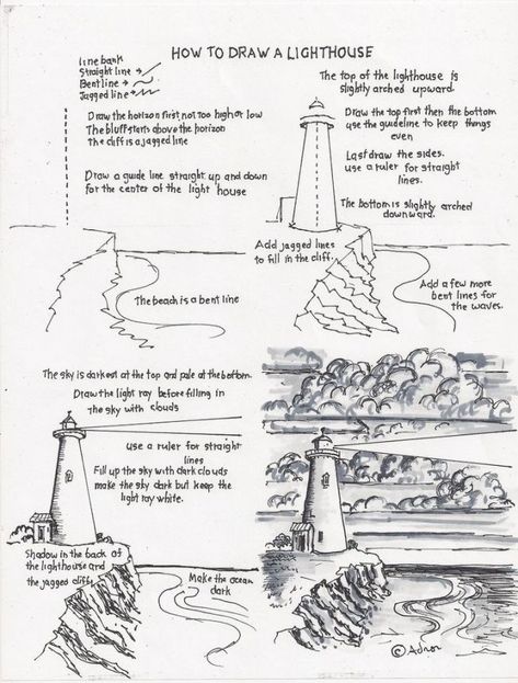 Draw A Lighthouse, Art Worksheets, Basic Drawing, Park Art, Landscape Drawings, Art Instructions, Urban Sketching, Drawing Lessons, Drawing Tutorials