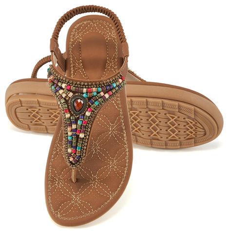 PRICES MAY VARY. [Bohemian Style]- Open toe flat sandals with colorful beads and rhinestones decorated on the upper, which has bohemian style and is a good choice for women's casual summer sandals. [All Day Comfort]- Boho sandals come with soft lining and ventilation holes to keep your feet fresh, soft lining reduces walking cushioning and brings all day comfort to your daily work and leisure activities. [Easy On/Off]- Elastic ankle straps adjust the elasticity to fit any foot shape, providing a Bohemian Flat, Bohemian Shoes, Dressy Flats, Casual Summer Sandals, Boho Sandals, Beaded Flats, Beaded Sandals, Leisure Activities, Summer Sandals