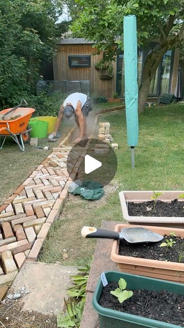 Tom Hall on Instagram: "Reclaimed bricks being laid.  3 slightly different sizes of bricks being laid so abit difficult to get it all matching up but we’re getting round it :)  Any enquiries please get in touch below   📞- 07464 976533  📩 - tgmlandscapes.info@gmail.com  💻 - www.tgmlandscapes.net  #bricks #reclaimed #path #herringbone #lawn #grass #carpenter #summer #gardener #gardening #landscape #landscaper #landscaping #garden #builder #hardwork #landscapegardening #sun #weather #hardwork #building #brickie #bricklayer #driveway #sand #cement #bricks #paving #progression #business" Brick Projects Outdoor, Hoggin Path Garden, Reclaimed Brick Pathway, Brick Path Garden, Walking Path Ideas, Reclaimed Brick Garden, Brick Garden Path, Reclaimed Brick Patio, Cement Bricks