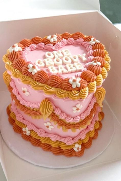 cake bakedbyjulie Groovy Cake Design, Vintage Cake Bachelorette, Birthday Cake Groovy, 70s Cake Design, 1970s Birthday Cake, Heart Lambeth Cake, Trending Birthday Cakes 2023, Groovy Sheet Cake, Groovy Birthday Cakes