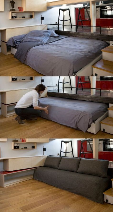 Clever And Space-Saving Beds Which You Can Slide Away and Hide Beds For Small Rooms, Space Saving Beds, Hidden Bed, Micro Apartment, Trendy Apartment, Hus Inspiration, Tiny Apartment, Creative Furniture, Tiny House Living