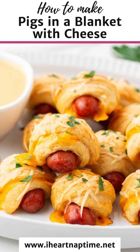 Ready in 20 minutes and made with just a handful of convenient ingredients, pigs in a blanket with cheese are a favorite on any party table! They are the perfect appetizer for an easy get-together. Little Weenies Recipe, Cocktail Weenies, Honey Mustard Dipping Sauce, Cheese Crescent Rolls, Mustard Dipping Sauce, Mini Appetizers, I Heart Naptime, Cheese Sauce Recipe, Crescent Roll Dough