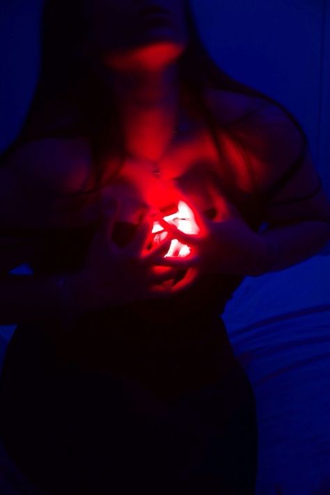 Glowing Heart Photography, Heart Photoshoot Ideas, Dark Red Blue Aesthetic, Emotion Photoshoot Portrait Photography, Wrath Photoshoot, Emotional Portrait Photography, Red Light Pictures, Vulnerable Aesthetic, Vulnerable Photography