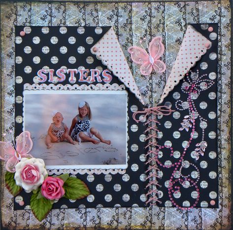 Sisters - Scrapbook.com Scrapbook Punches, Valentines Scrapbook, Paper Bag Album, Paper Bag Scrapbook, Beautiful Scrapbook Layouts, Building And Construction, Scrapbook Pictures, Book Page Art