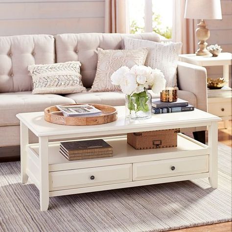 Anywhere Antique White Coffee Table with Knobs | Pier 1 Imports Antique White Coffee Table, White Coffee Table, Round Glass Coffee Table, Coffee Table With Drawers, Table Decor Living Room, Design Salon, Rustic Coffee Tables, Diy Coffee Table, Coffee Table White