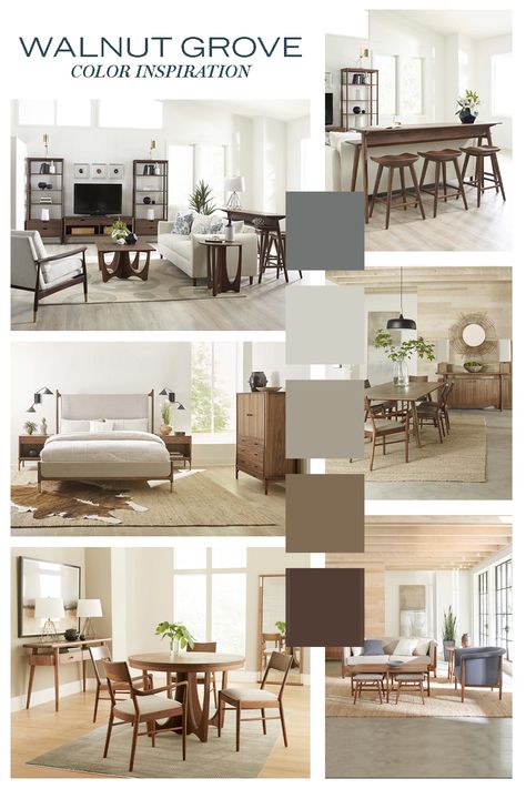 Warm wood tones, neutral color palettes, and natural textures come together to make Stickley's Walnut Grove collection. Walnut Furniture Color Palette, Walnut Wood Color Palette, Walnut Color Combination, Warm Wood Tones Living Room, Natural Wood Color Palette, Walnut Color Palette, Wood Colour Palette, Colors That Compliment Grey, Laundry Room Wall Paint