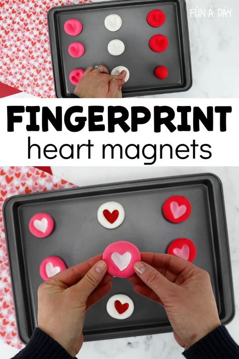 Easy DIY Fingerprint Heart Magnets - Fun-A-Day! Heart Crafts For Preschoolers, Process Art Activities, Heart Diy Crafts, Toddler Valentine Gifts, Baking Soda Clay, Thumbprint Crafts, Fingerprint Heart, Kindergarten Valentines, Fingerprint Crafts