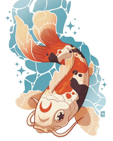 After visiting Japan I’ve been wanting to draw more Koi~✨ . #koifish #japan #japantravel #koi #longlife #wisdom #art #artist #illustration #digitalart #artworks #illustrationartists #prints Koi Fish Human Drawing, Koi Fish Fantasy Art, Fish Inspired Character Design, Japan Illustration Design, Koi Fish Character Design, Koi Fish Character, Koi Fish Side View, Koi Fish Oc, Koi Fish Reference