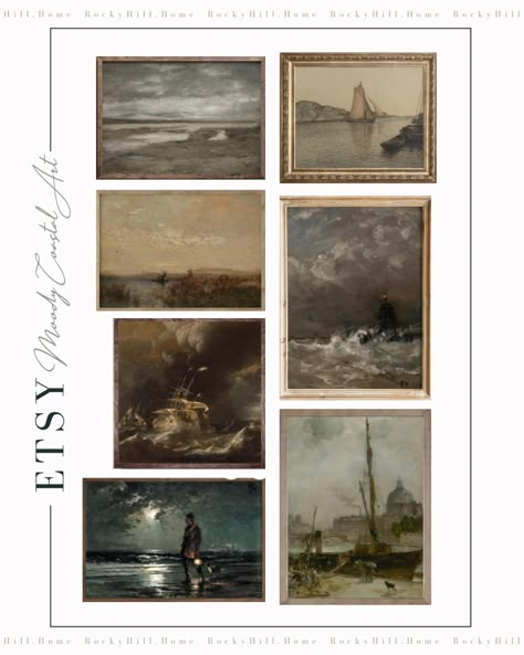 Moody coastal vintage art prints, ocean art Moody Coastal Aesthetic, Dark Coastal Decor, Moody Coastal Bedroom, Moody Coastal Decor, Masculine Coastal, Masculine Home Decor, Moody Coastal, Black Coastal, Moody Artwork