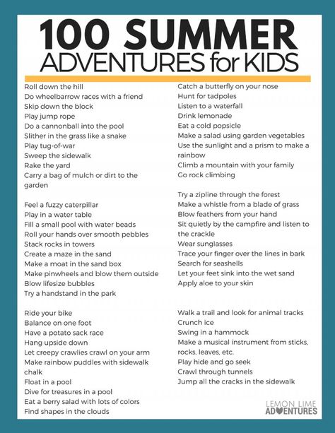 100 Summer Adventures for Kids Free Printable from Lemon Lime Adventures Outdoor Dates, Boredom Busters For Kids, Diy Fan, Boredom Busters, Summer Camps, Kids Adventure, Fun Family Activities, Summertime Fun, Parent Resources