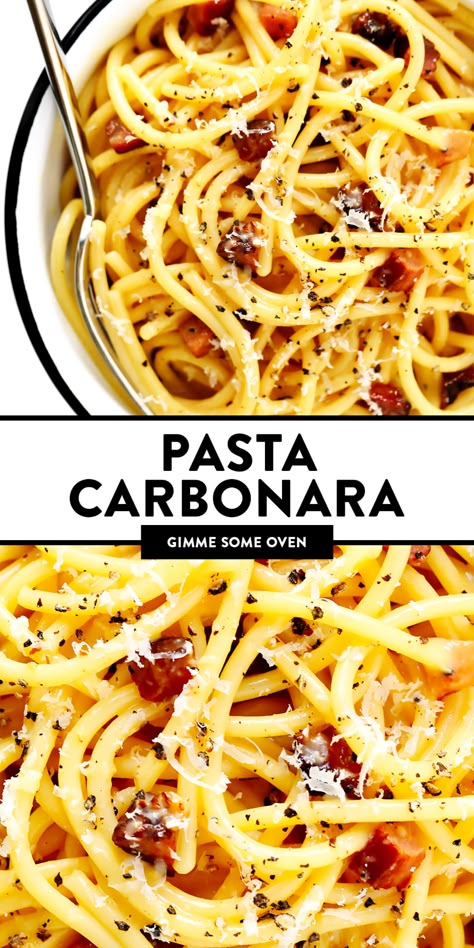 The BEST pasta carbonara! Easy to make with 4 basic ingredients -- spaghetti, guanciale (or bacon), eggs and cheese -- and outrageously delicious. The perfect quick dinner recipe for Italian night! | gimmesomeoven.com #spaghetti #pasta #carbonara #bacon #italian #dinner #easy #noodles Pasta Carbonara Easy, Easy Noodles, Easy Carbonara Recipe, Bacon Carbonara, Pasta Carbonara Recipe, Italian Night, Best Pasta, Bacon Eggs, Carbonara Recipe