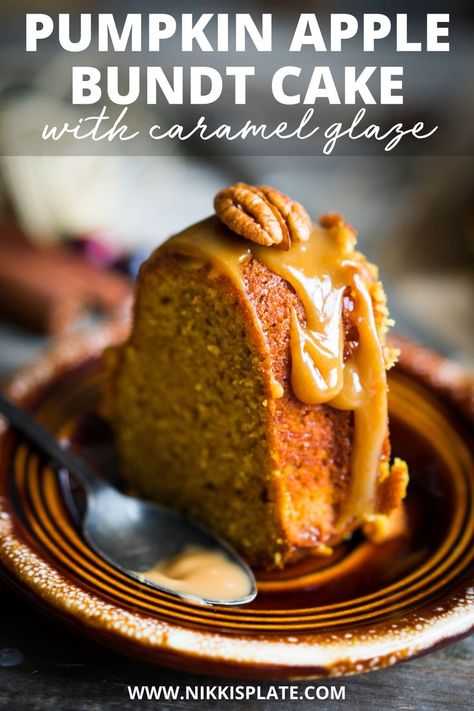 Pumpkin Apple Bundt Cake Recipe With Caramel Glaze; This delicious autumn bundt cake dessert is loaded with pumpkin spice, apples, pecans and drizzled with caramel glaze.{easy pumpkin cake recipe, easy apple cake recipe, simple pumpkin cake recipe, simple apple cake recipe, apple bundt cake recipe, pumpkin bundt cake recipe} Pumpkin Cake Recipes Easy, Apple Bundt Cake Recipe, Recipe With Caramel, Apple Bundt Cake Recipes, Pumpkin Bundt Cake Recipes, Fall Recipes Appetizers, Pumpkin Cake Easy, Bundt Recipes, Easy Apple Cake