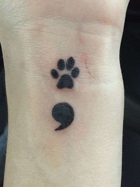 Dog Paw Tattoo Semicolon, Cat Paw Semicolon Tattoo, Semi-colon Tattoo Dog Paw, Dog Paw Semicolon, Linear Tattoo Ideas, Aesthetic Dog Tattoo Ideas, Paw Print And Semi Colon Tattoo, Cat Remembrance Tattoo Small, Animal Semicolon Tattoo