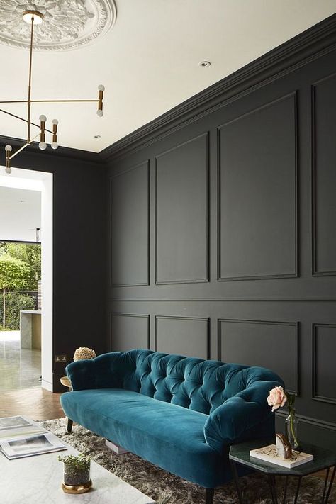 Blue Couch, 아파트 인테리어, Dark Interiors, Wainscoting, Decor Minimalist, Black Walls, Front Room, Luxury Living Room, Living Design