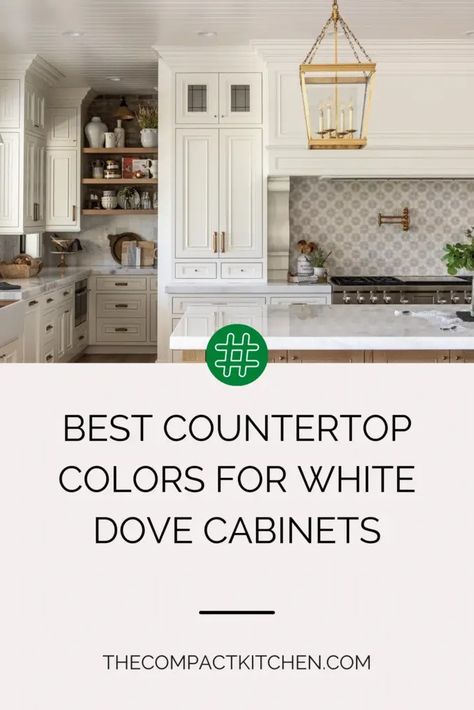 Best Countertop Colors for White Dove Cabinets - The Compact Kitchen White Dove Cabinets Quartz Countertops, Best Quartzite Countertops, White Dove Kitchen Cabinets And Walls, White Dove Kitchen Cabinets, Kitchen Countertops With White Cabinets, White Dove Cabinets, White Subway Tile Shower, Kraftmaid Cabinets, Countertop Colors