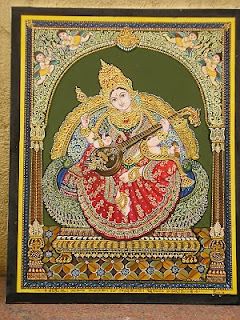 Mysore style of painting Tanjore Saraswati Painting, Sarswati Maa, Saraswati Painting, Maa Saraswati, Tanjore Art, Mysore Painting, Indian Traditional Paintings, Tanjore Paintings, Wonder Art