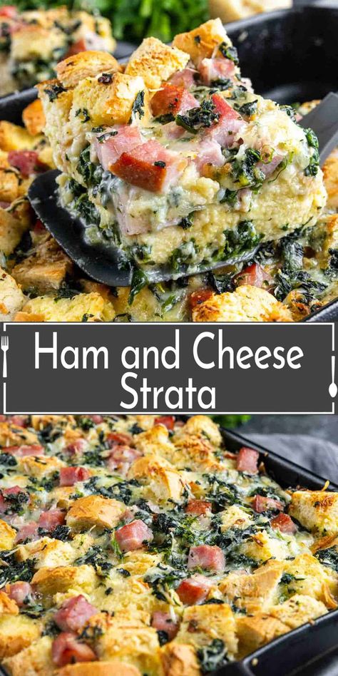 This easy Ham Breakfast Strata recipe combines ham, cheese, and spinach and bakes it into a delicious overnight breakfast casserole that is perfect for holiday brunch and busy weekday mornings. Cranberry Breakfast Casserole, Breakfast Casserole With Ham And Hashbrowns, Overnight Christmas Breakfast Casserole, Ham And Cheese Croissant Breakfast Casserole, Overnight Breakfast Strata, Ham And Cheese Strata, Strata Recipe, Strata Recipes Breakfast Overnight, Ham And Egg Breakfast Casserole