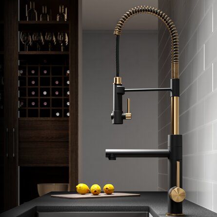 Black Casement Window Gold Hardware, Black And White Brass Kitchen, Black Brass Interior, Modern Farmhouse Kitchens Black And Gold Hardware, Brushed Gold Kitchen Faucet, Commercial Style Kitchen, Gold Kitchen Faucet, Brass Kitchen Faucet, Black Kitchen Faucets