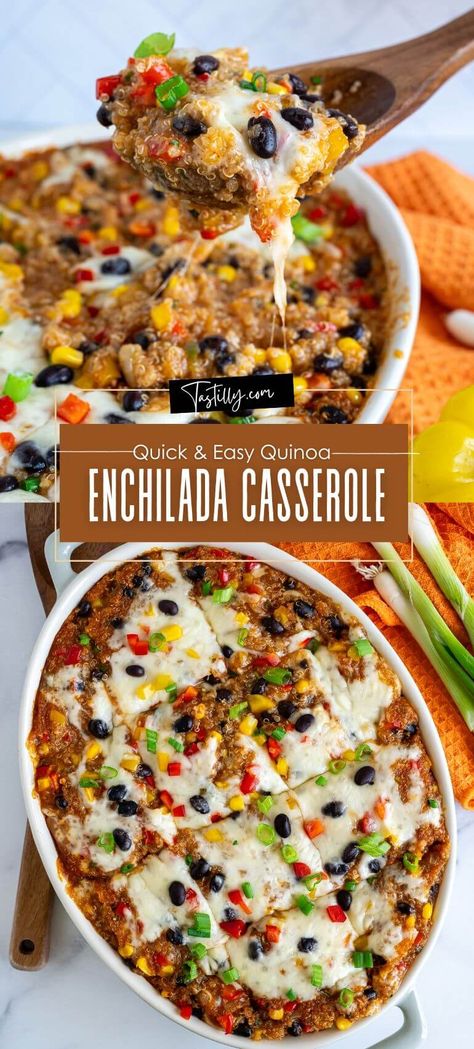 Quick & Easy Quinoa Enchilada Casserole – Tastilly Spanish Quinoa Recipes, Quinoa Casseroles, Quinoa Enchilada Casserole, Quinoa Enchilada Bake, Quinoa Enchilada, Quinoa Casserole, Easy Quinoa, Mexican Casserole, Enchilada Casserole