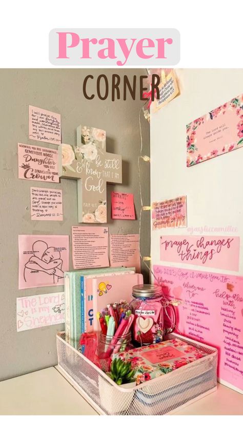 A great idea for a prayer corner!! Time to spend your time with God and create a better relationship. Grow communication with the lord . Diy Prayer Board, Prayer Vision Board, Bible Study Activities, Prayer Room Ideas, Time With God, Prayer Closet, Better Relationship, Prayer Corner, Bible Doodling