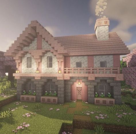 ⋆Not Mine (creds to owner) ⋆ Easy Minecraft Builds Houses, Minecraft Houses Creative, Pink And Birch Minecraft House, Minecraft House Builds Ideas, Minecraft Town Name Ideas, Minecraft 2 Story House Layout, Pink Things To Build In Minecraft, Simple Cottage Minecraft, Cute Minecraft Houses Cottage Easy