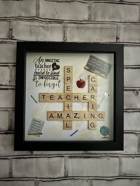 Handmade Customized Shadow box 8x8 inch frame made with scrabble letters for a personalized touch. Personalized to include the quote “An amazing teacher is hard to find and impossible to forget”. A perfect gift for your teaxher. can be gifted for teacher appreciation, end of year gift, or any special occasion for your favorite teacher, para, therapist, prep teacher, or anyone in school administration. This shadowbox is available in black, white, or a gray antique wash look. Personalization: Teacher Shadow Box Gift, Teachers Bday Ideas, Gift Ideas For Teachers Birthday, Teachers Birthday Gifts, Handmade Gift For Teacher, Teacher Shadow Box Ideas, Laser Cut Teacher Gifts, Handmade Gifts For Teachers Diy Crafts, Gift Ideas For Teachers Appreciation