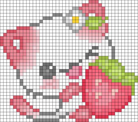 Cat Eating Strawberry Perler Bead Pattern / Bead Sprite Cat Fuse Beads, Strawberry Cow Perler Bead, Cat Eating Strawberry, Pusheen Pixel Art, Cat Pixel Art Grid, Pixel Art Cute Animals, Kawaii Pixel Art Grid, Cat Pixel Pattern, Cat Perler Bead Patterns