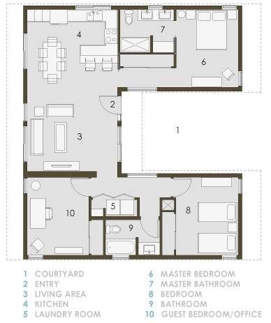 Beach Floor Plans, U Shaped House Plans, U Shaped Houses, Pelan Rumah, Courtyard House Plans, Small House Floor Plans, Casa Container, The Courtyard, Courtyard House