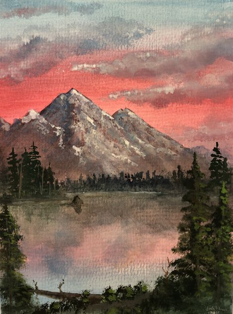 Beginner Painting Mountains, Long Mountain Painting, Mountain With Sunset Painting, Mountain Lake Landscape Painting, Mountains And River Painting, Mountains And Lake Painting, Mountain And Tree Painting, Forest And Mountains Drawing, Montana Landscape Painting