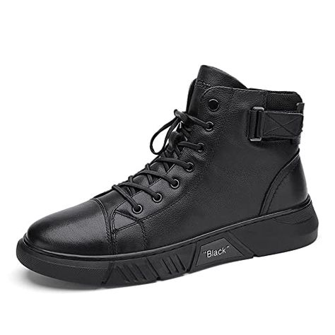 Recyphi High-Top Casual Leather Boots for Mens Handmade Shoes All Black Round Toe Waterproof Business Boots Casual Leather Boots, Flat Leather Boots, All Black Fashion, Mens Leather Boots, Black Leather Shoes, Black Leather Boots, Handmade Shoes, Lace Boots, Casual Boots