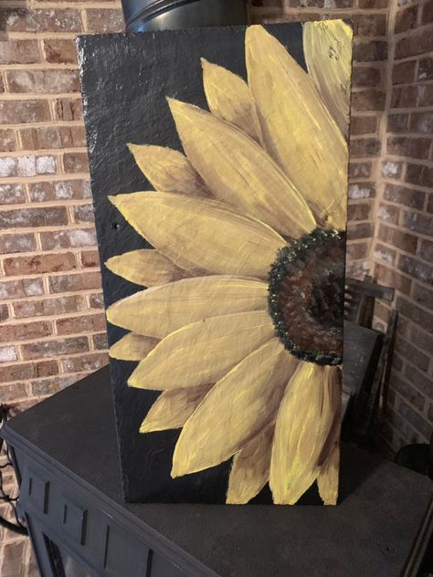 Painting Slate, Sunflower Bathroom, Wood Sunflower, Sunflower Nursery, Sunflower Wall Decor, Slate Art, Sun Wall Decor, Bathroom Wall Hanging, Painted Slate