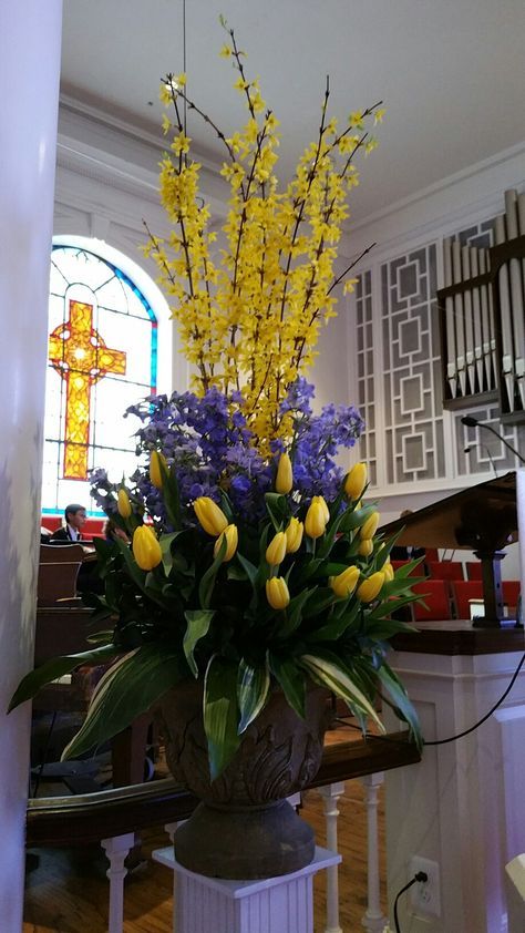 Yellow Spring Flower Arrangements, Large Pot Arrangements, Easter Arrangements For Church, Easter Floral Arrangements For Church, Church Easter Decorations Sanctuary, Church Flowers Arrangements, Easter Flower Arrangements For Church, Easter Church Flowers, Spring Pots