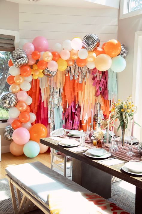 Groovy Party Table Decor, Disco Balloon Arch, Table Balloon Arch, Graduation Party Colors, Radiant Woman, Groovy Bachelorette, Grad Diy, Bachelorette Balloons, Bachelorette Decor