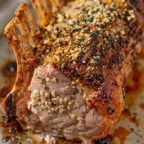 Roasted Garlic Herb Rack of Pork Recipe - Dinner, then Dessert Pork Rib Roast, Pork Loin Ribs, Rack Of Pork, Herb Rack, Rib Roast Recipe, Dinner Then Dessert, Boneless Pork Loin, Pork Roast Recipes, Pork Loin Roast