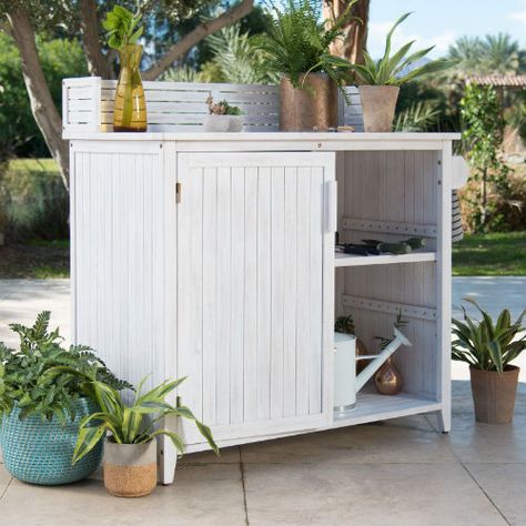 12 Outdoor Storage Ideas for a Tidy Backyard - Hayneedle Planting Table, Bench Cabinet, Outdoor Potting Bench, Gardening Planting, Outdoor Cabinet, Potted Plants Outdoor, Outdoor Storage Cabinet, Patio Storage, Beach Wood