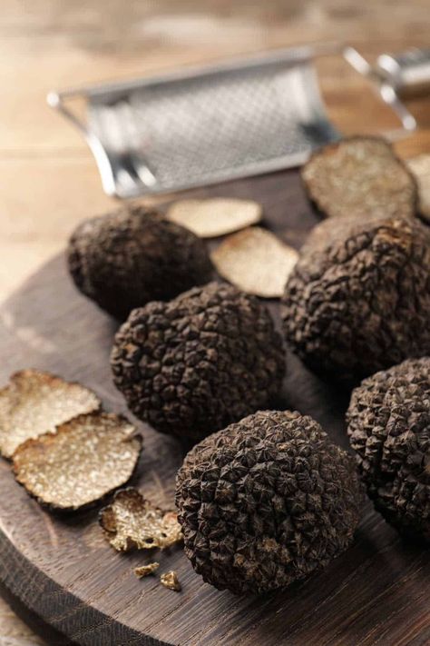 Truffles are edible fungi that are an expensive culinary delicacy. But what exactly is a truffle and what do they taste like? Why are they so expensive and which recipes include them? Find out everything you need to know in this Ultimate 101 Guide to Truffle. Truffle is a type of expensive, sought-after edible fungi... Read More What is a Truffle © You Say Potatoes. Truffle Risotto Recipe, Black Mushrooms, Truffle Mashed Potatoes, Truffle Burger, Black Truffles, Easy Truffles, Truffle Cream, Truffle Pasta, Truffle Mushroom